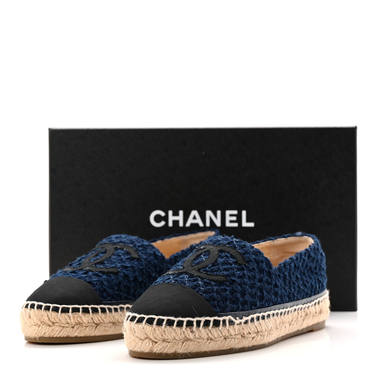 Chanel Tweed Grosgrain CC Espadrilles 37 Navy Black 1875955