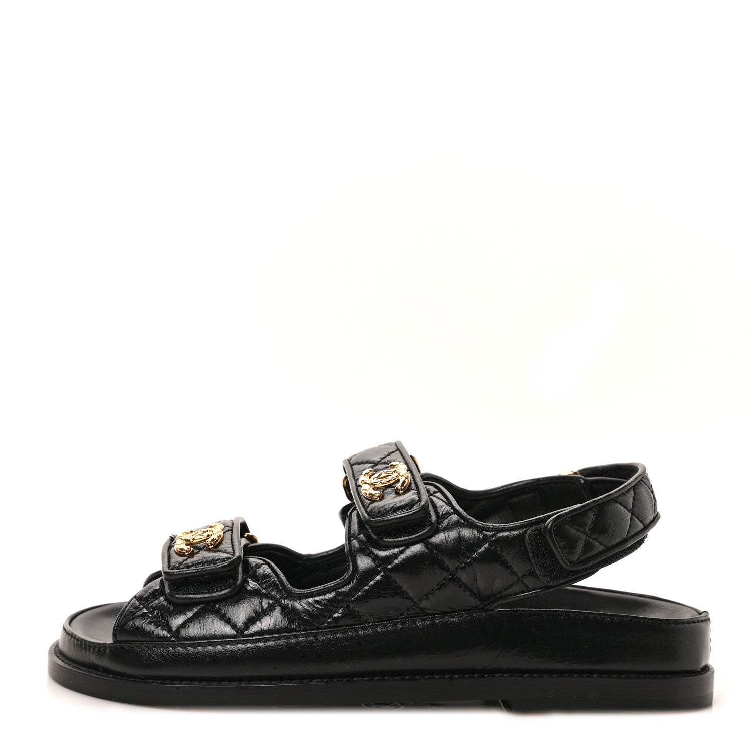 Chanel Crumpled Shiny Lambskin Velcro Dad Sandals 36 Black 1 of 8