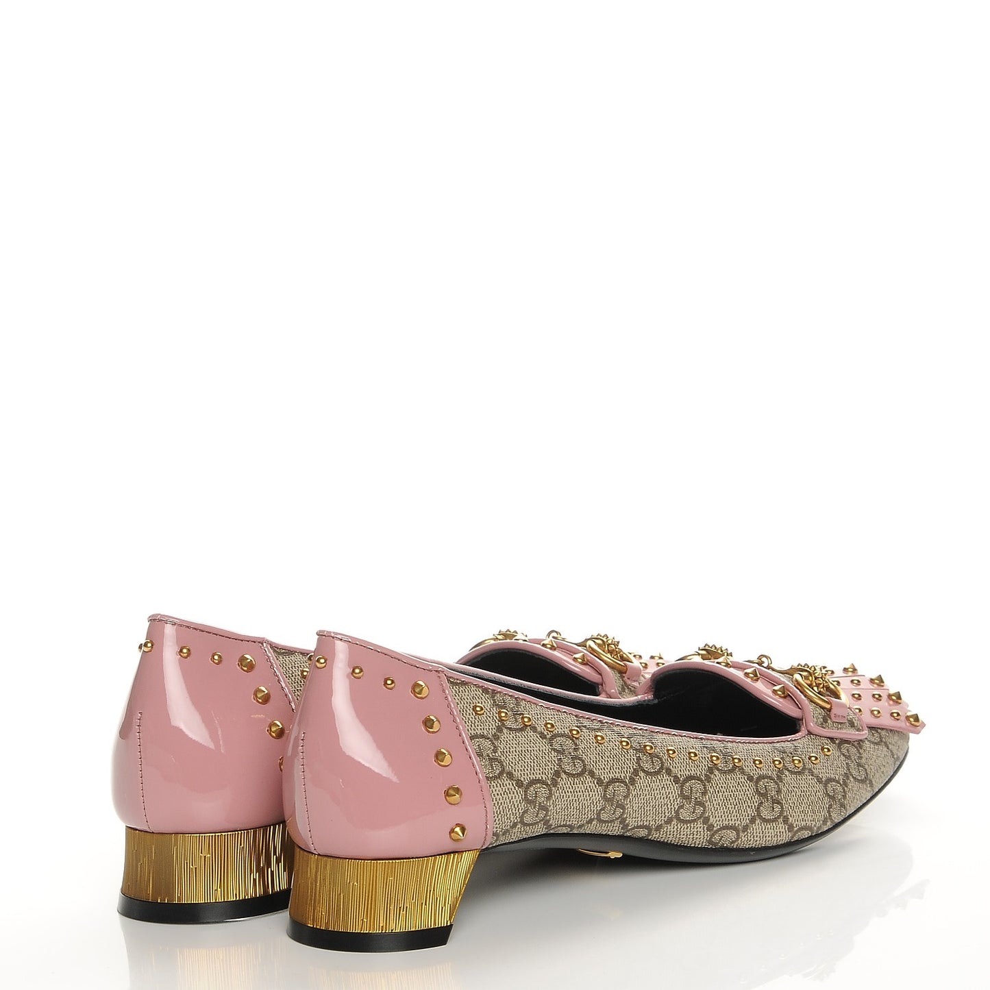 GG Supreme Monogram Patent Studded Fringe Loafer Pumps 38.5 Beige Ebony Carmine Rose