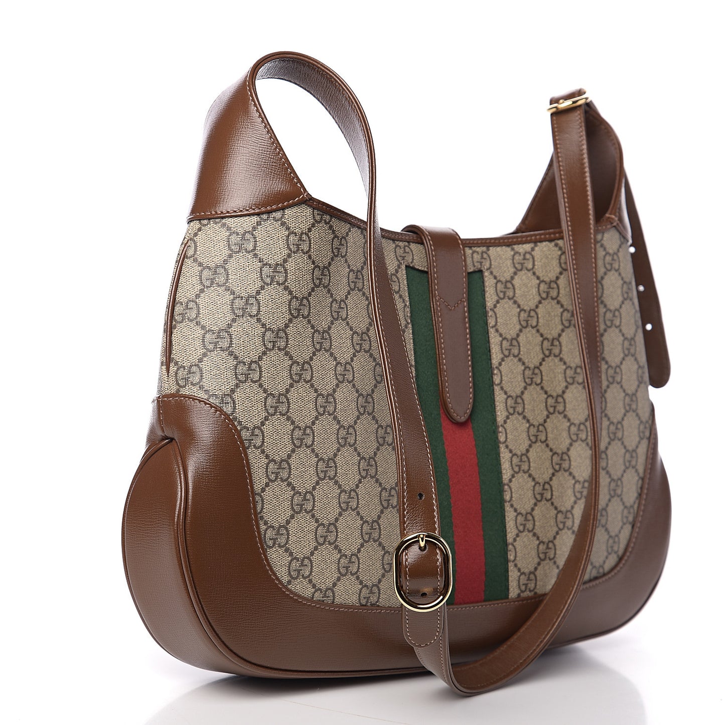 GG Supreme Monogram Azalea Calfskin Web Medium Jackie 1961 Hobo Beige Ebony Brown Sugar