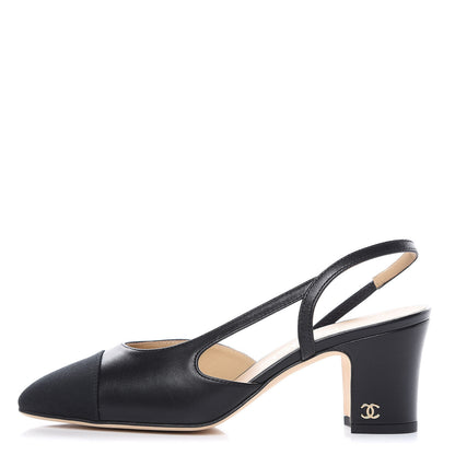 Chanel Lambskin Grosgrain Cap Toe CC Slingback Pumps 36 Black 1 of 9