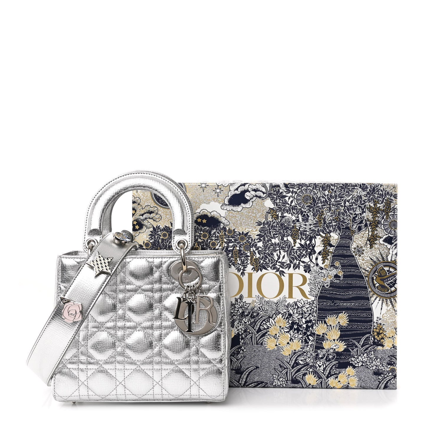 Metallic Grained Calfskin Cannage Small Lucky Badges My Lady Dior Silver