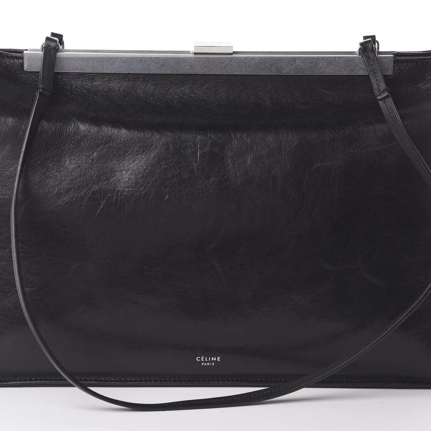 Shiny Paperweight Calfskin Medium Clasp Shoulder Bag Black