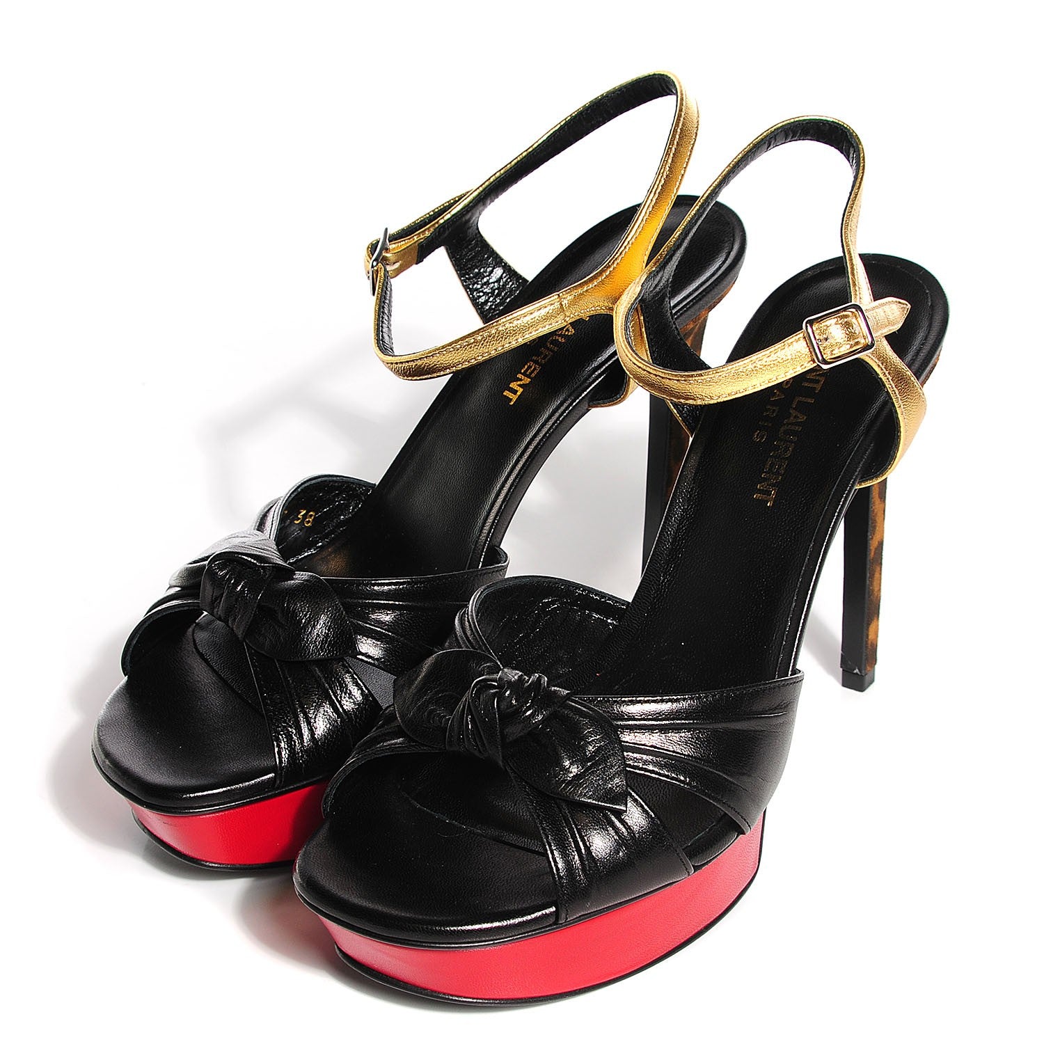 Saint Laurent Calfskin Bianca Bow Platform 105 Sandals 38 Black Red Gold 3 of 8