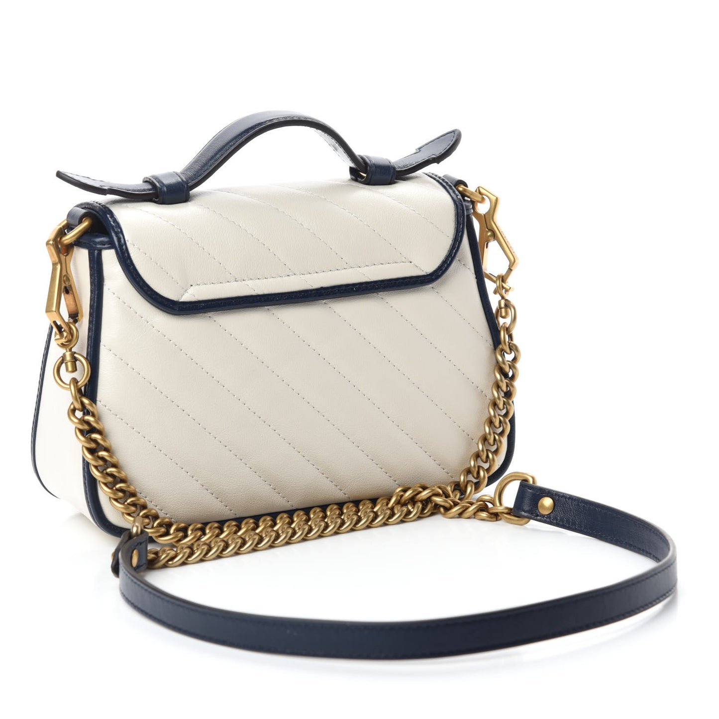 Vintage Effect Calfskin Matelasse Diagonal Mini Torchon GG Marmont Top Handle Shoulder Bag Mystic White Blue Agata