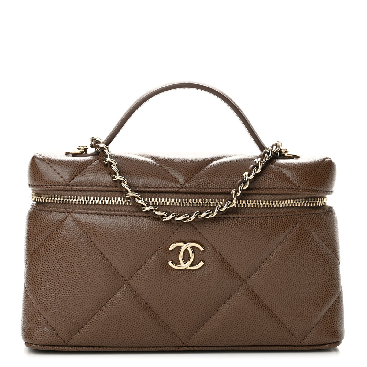 Caviar Quilted Top Handle Slim Vanity With Chain Light Brown