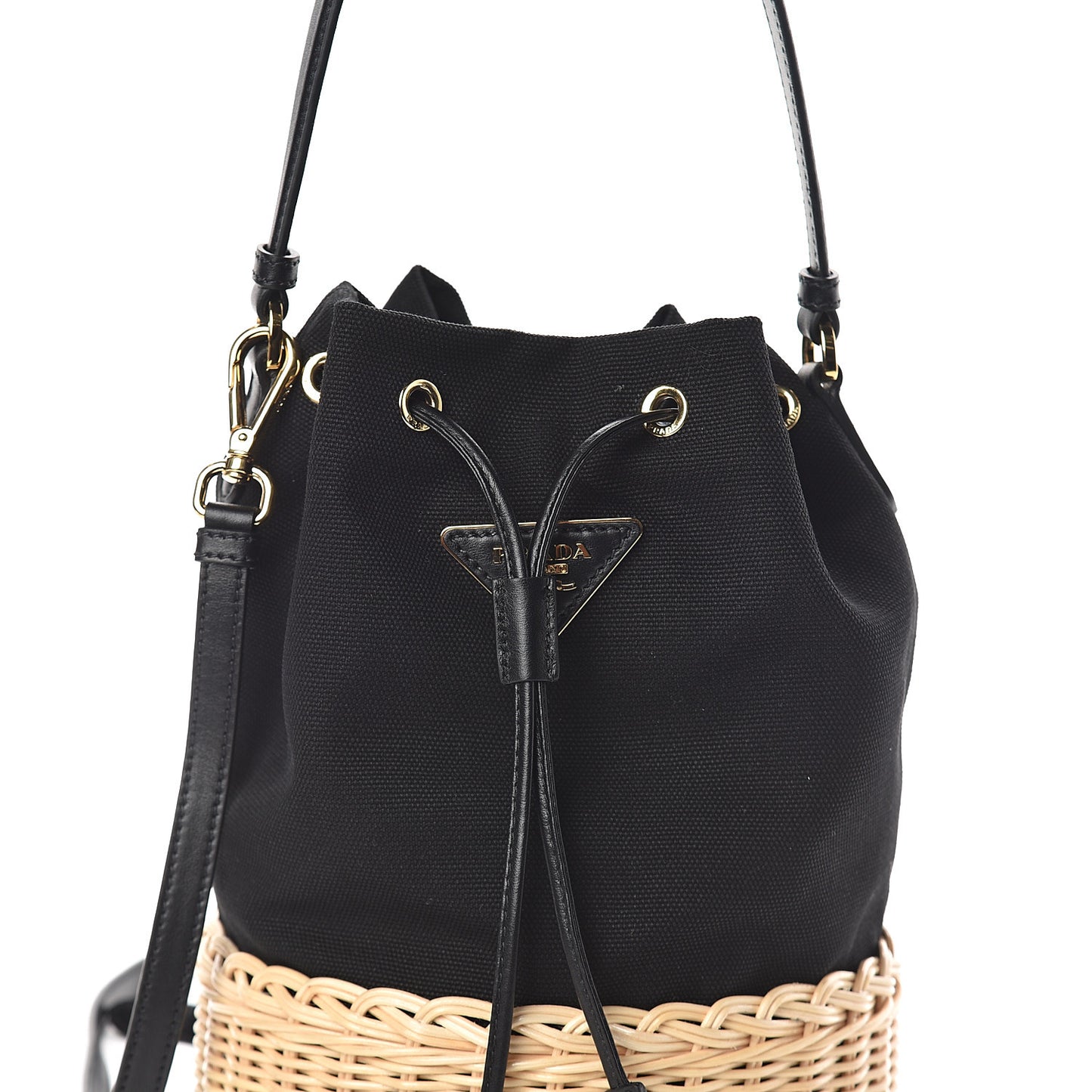 Wicker Canvas Bucket Bag Black