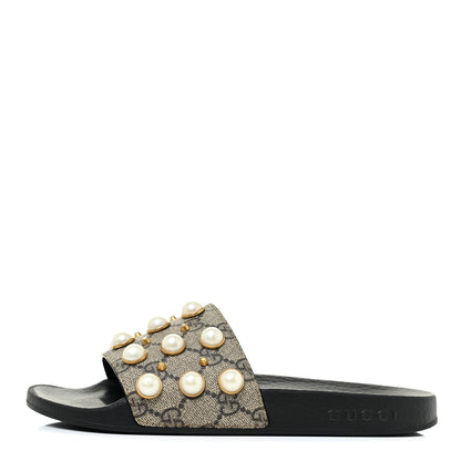 Gucci GG Supreme Monogram Slide Pearls Sandals 36 Beige 1 of 9
