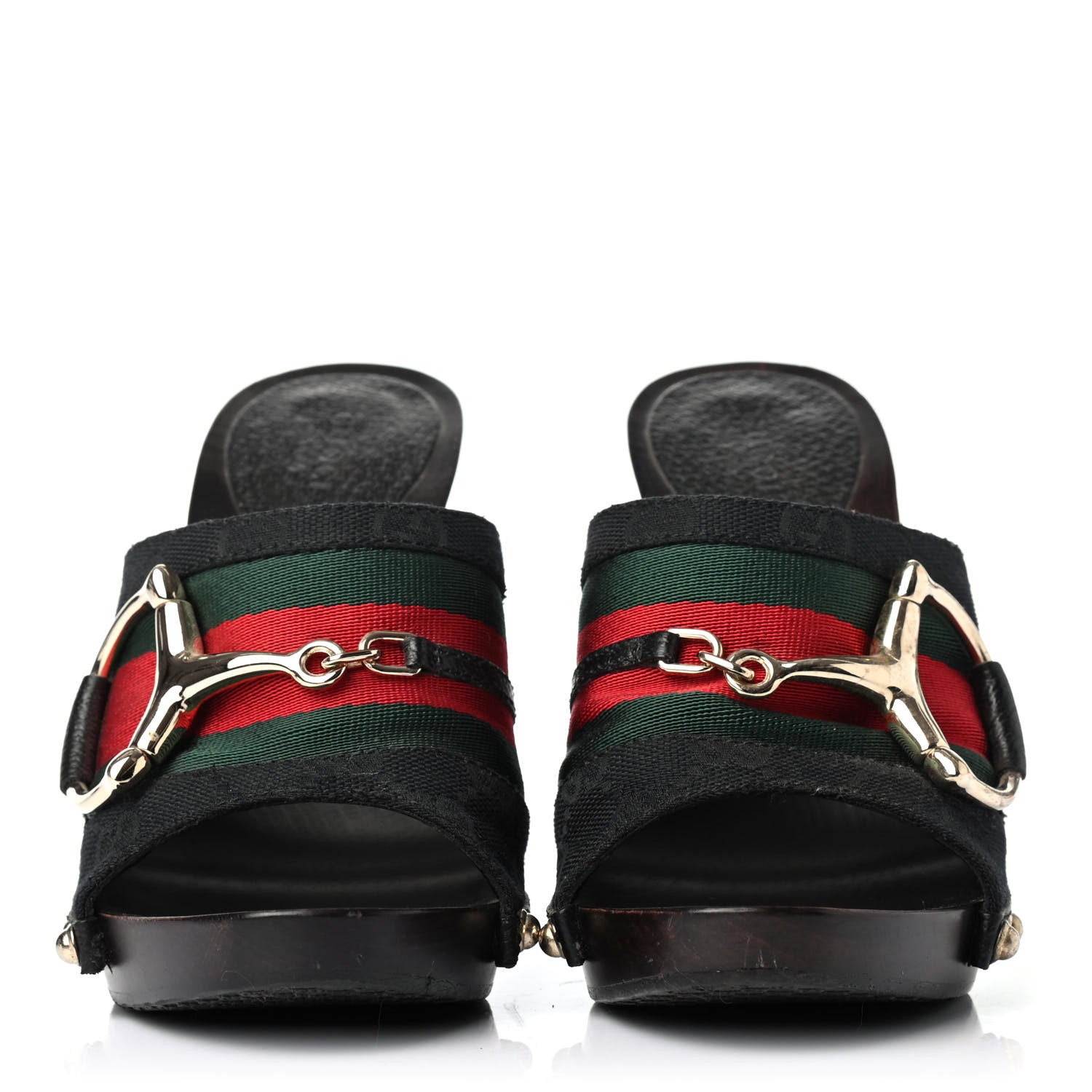 Gucci Monogram Natural Pigskin Web Icon Bit Platform Clog High Heel Slide Sandals Black 2 of 4