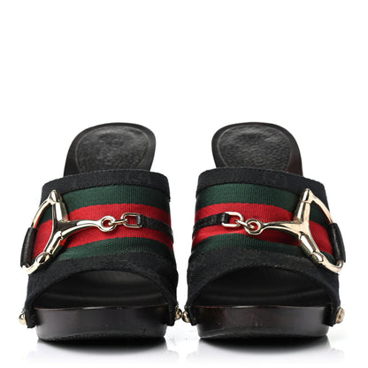 Gucci Monogram Natural Pigskin Web Icon Bit Platform Clog High Heel Slide Sandals Black 2 of 4