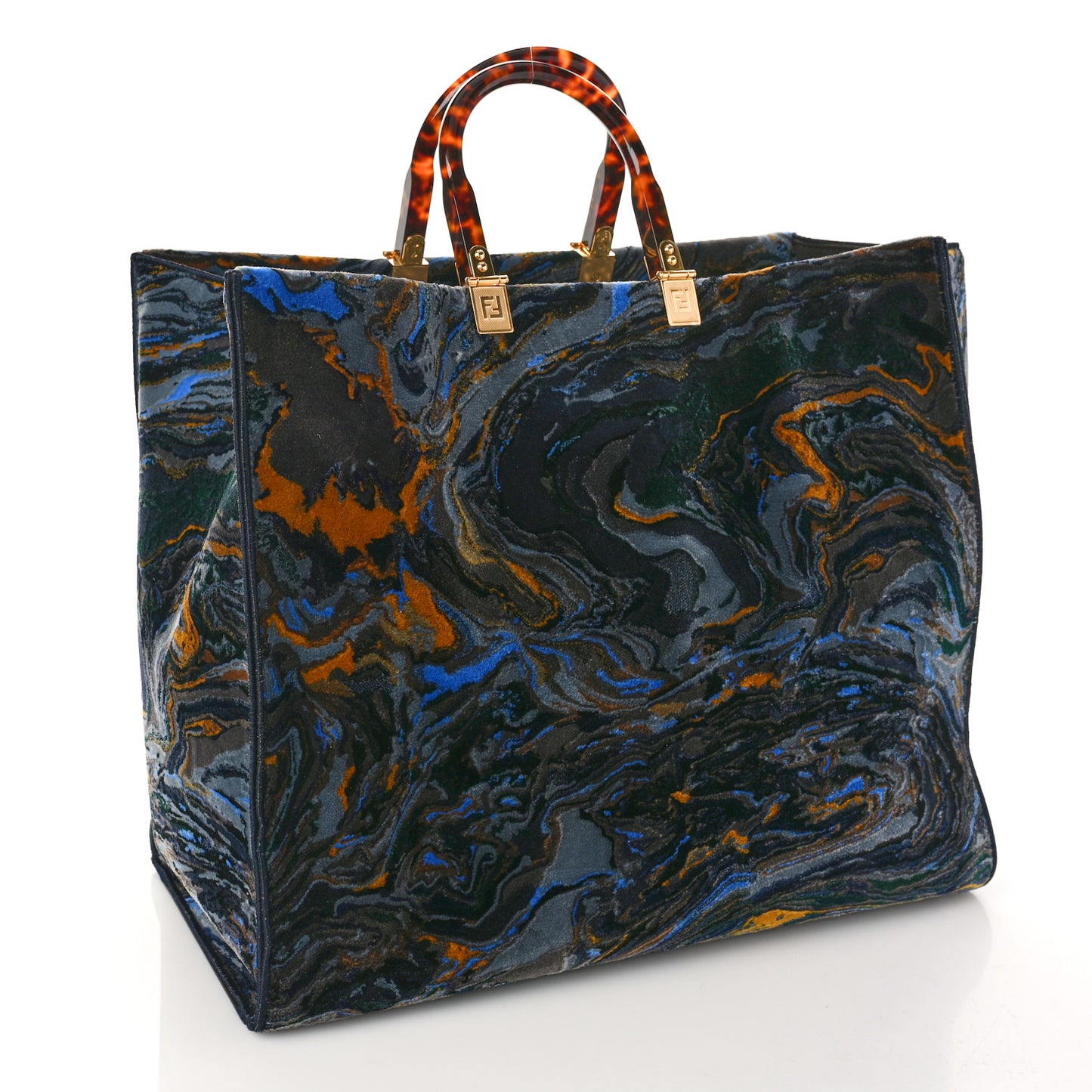 Velvet Plexiglass Marble Logo Embroidered Large Fendi Sunshine Shopper Tote Blue Multicolor