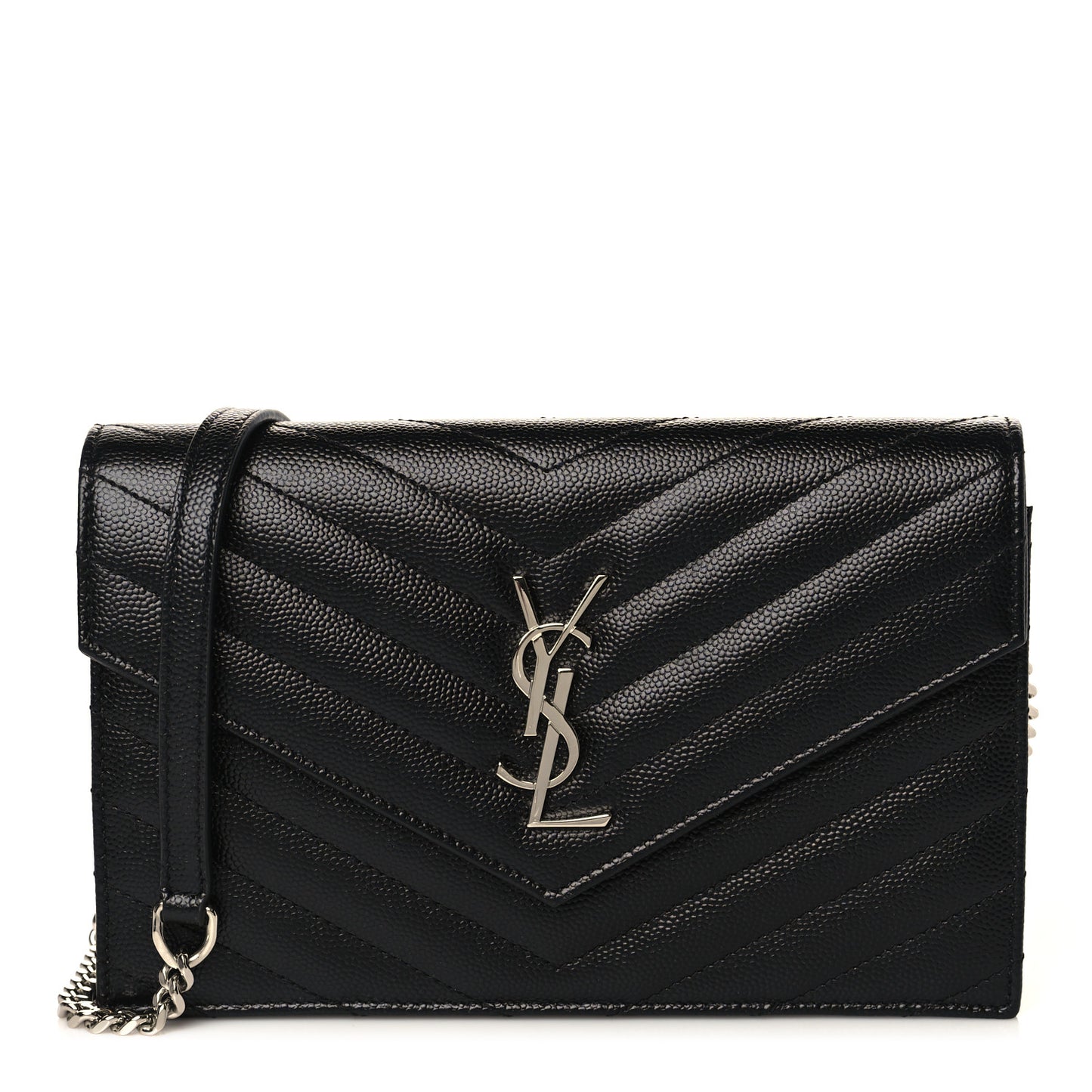 Grain De Poudre Matelasse Chevron Monogram Envelope Chain Wallet Black