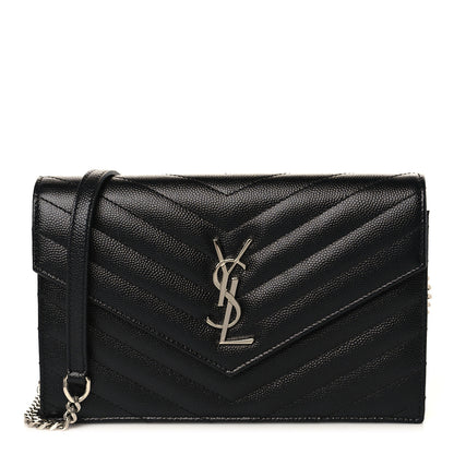 Saint Laurent Grain De Poudre Matelasse Chevron Monogram Envelope Chain Wallet Black 1 of 9