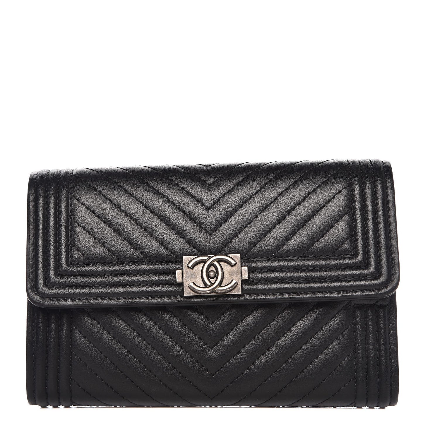Calfskin Chevron Quilted Medium Boy Flap Wallet Black