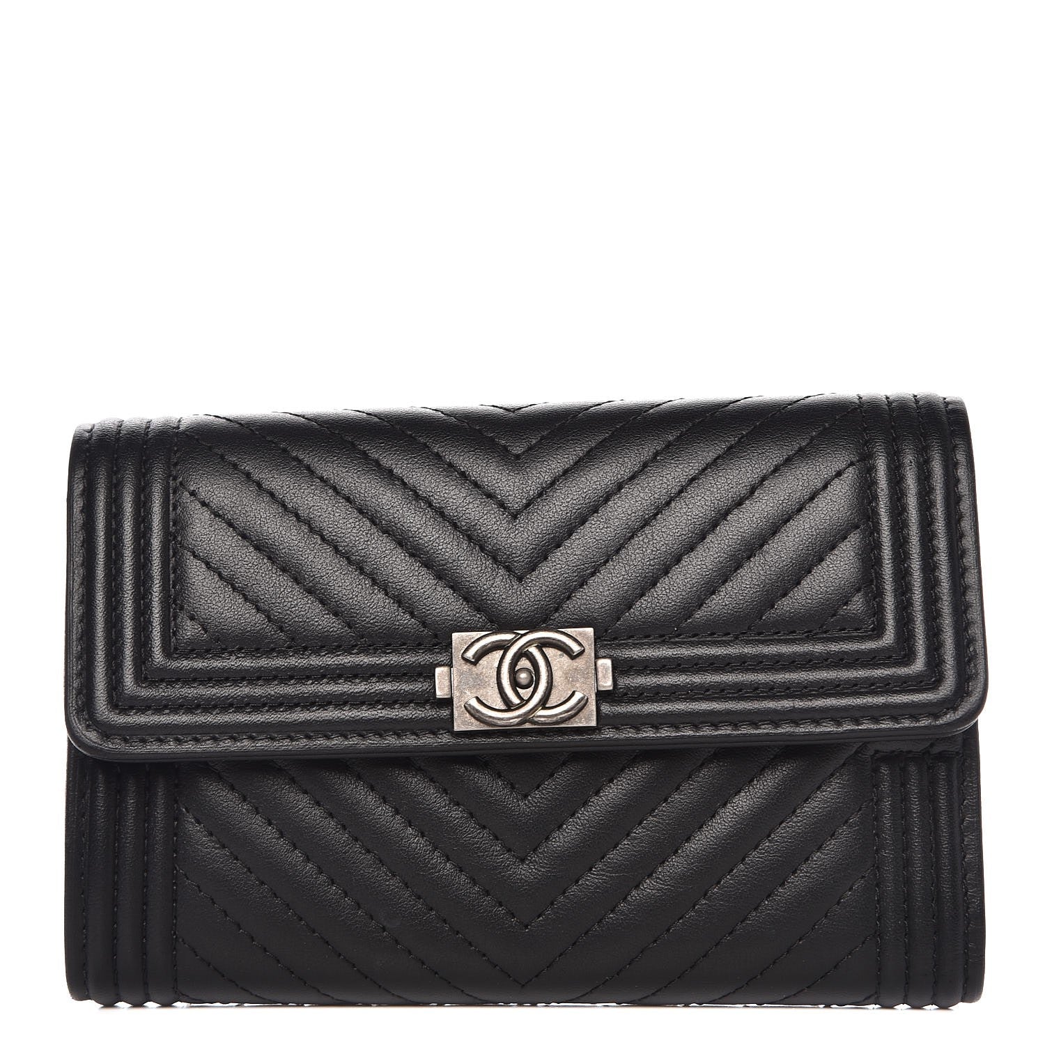 Chanel Calfskin Chevron Quilted Medium Boy Flap Wallet Black 1 of 9
