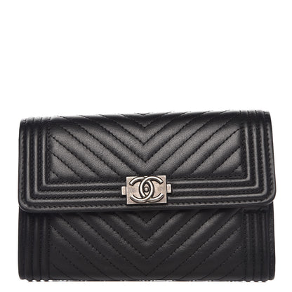 Chanel Calfskin Chevron Quilted Medium Boy Flap Wallet Black 1 of 9