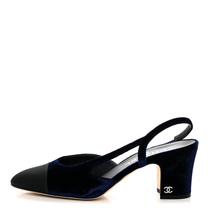 Chanel Velour Grosgrain Cap Toe CC Slingback Pumps 37.5 Blue Black 1 of 10