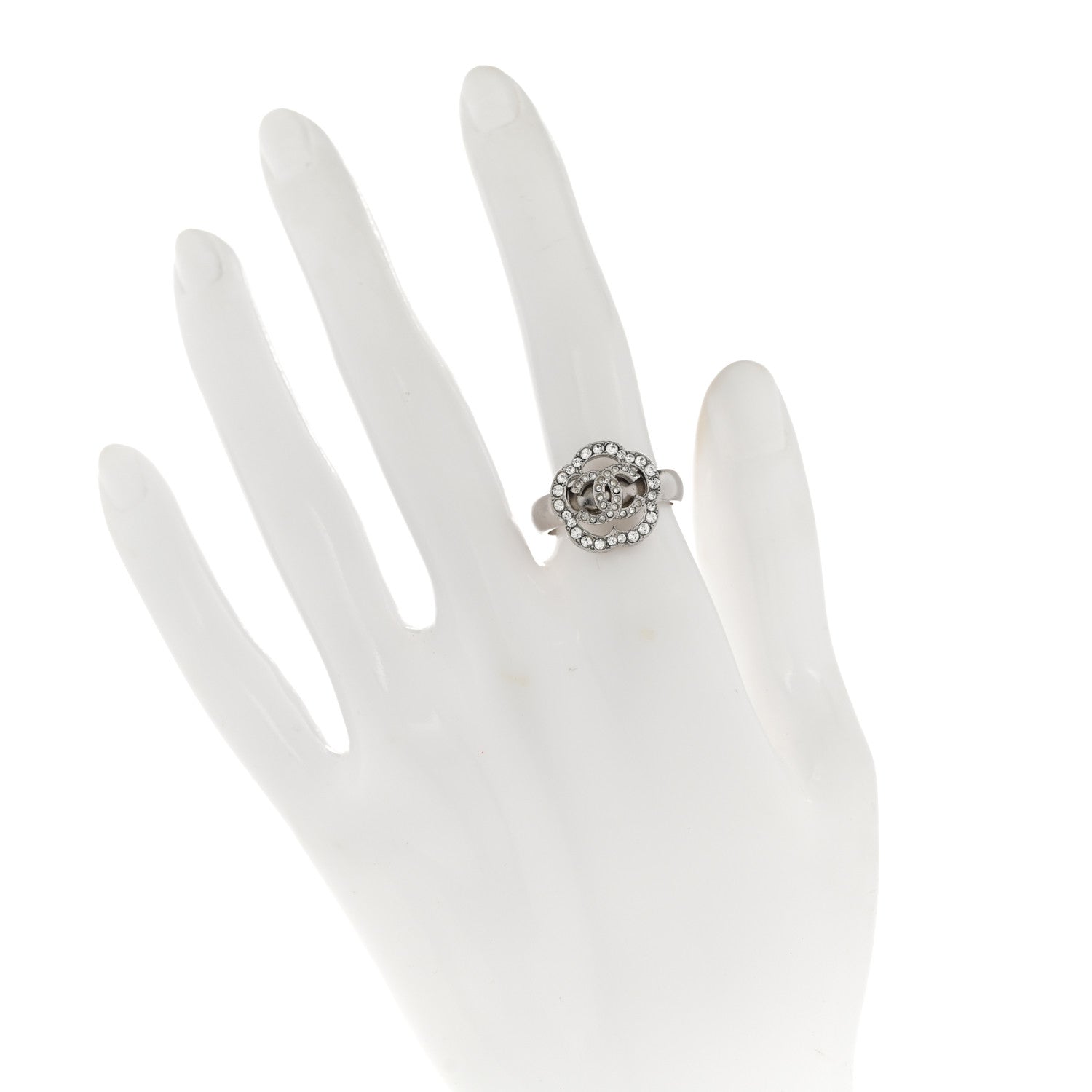 Chanel Crystal Coco Flapper Camellia CC Ring 52/6 Silver 2 of 6