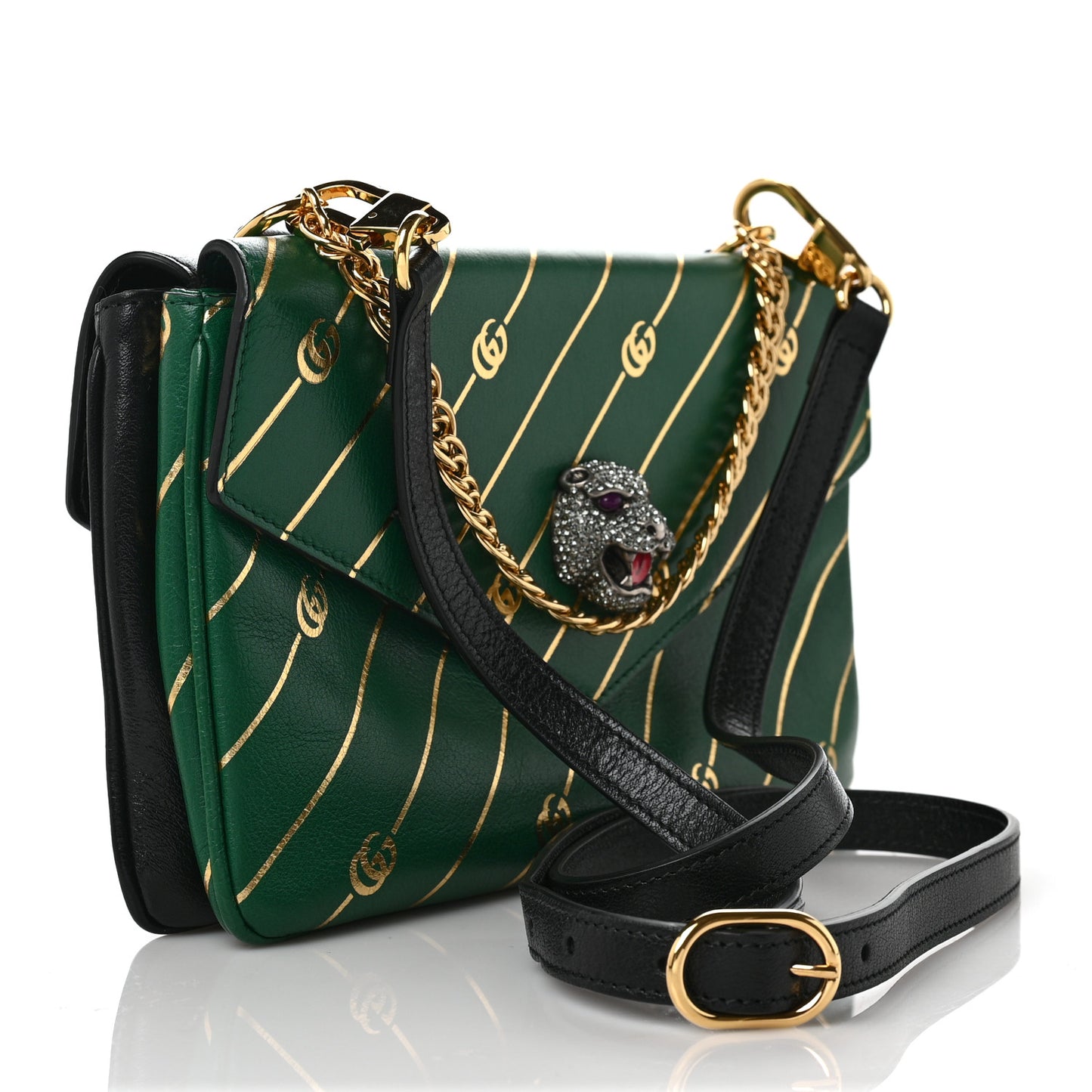 Calfskin Diagonal GG Medium Thiara Double Envelope Shoulder Bag Emerald Green Black