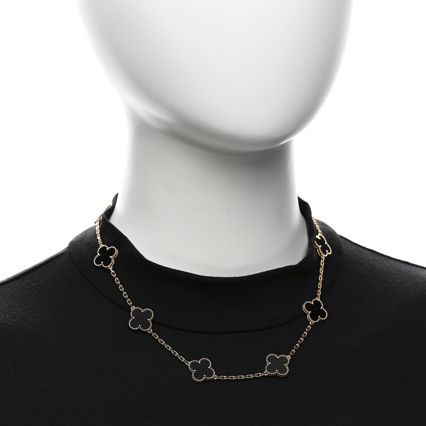18K Yellow Gold Black Onyx 10 Motifs Vintage Alhambra Necklace
