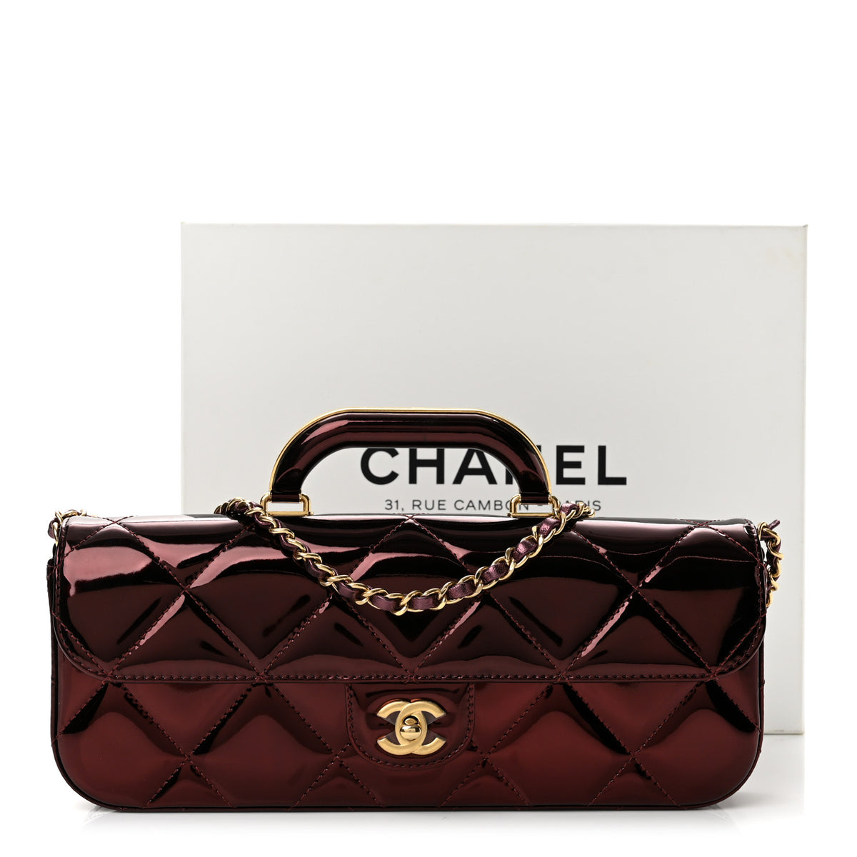 Metallic Mirror Calfskin Large Top Handle Clutch With Chain  Burgundy