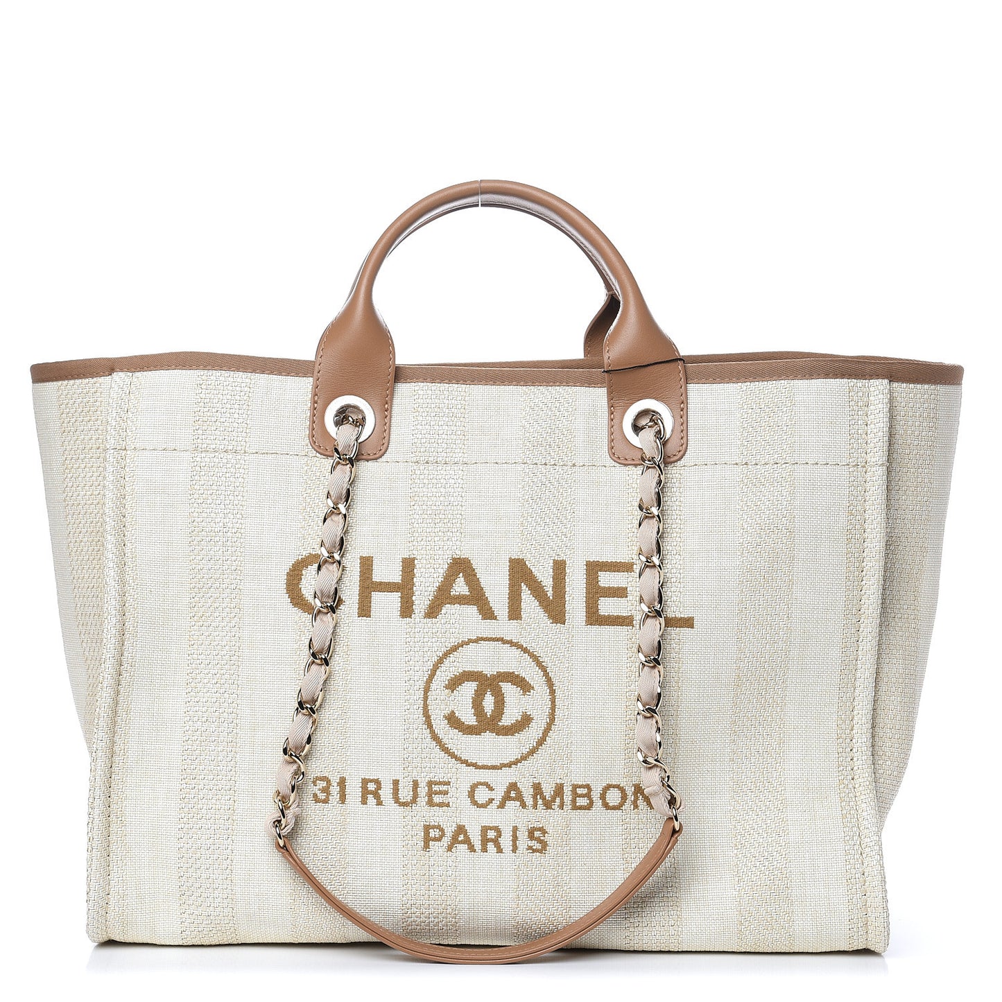 Straw Raffia Calfskin Striped Large Deauville Tote Beige