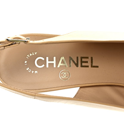 Chanel Goatskin Grosgrain Pointed Cap Toe CC Slingback Pumps 37 Beige Black 7 of 9