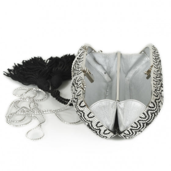 Judith Leiber Crystal Floral Minaudiere Tassel Clutch Black White 6 of 12