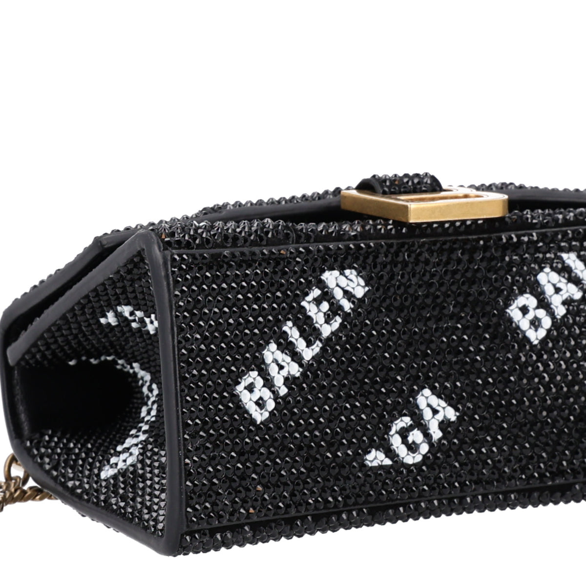 Balenciaga Strass Suede Allover Logo Hourglass Top Handle Bag XS with Chain Black White 9 of 10