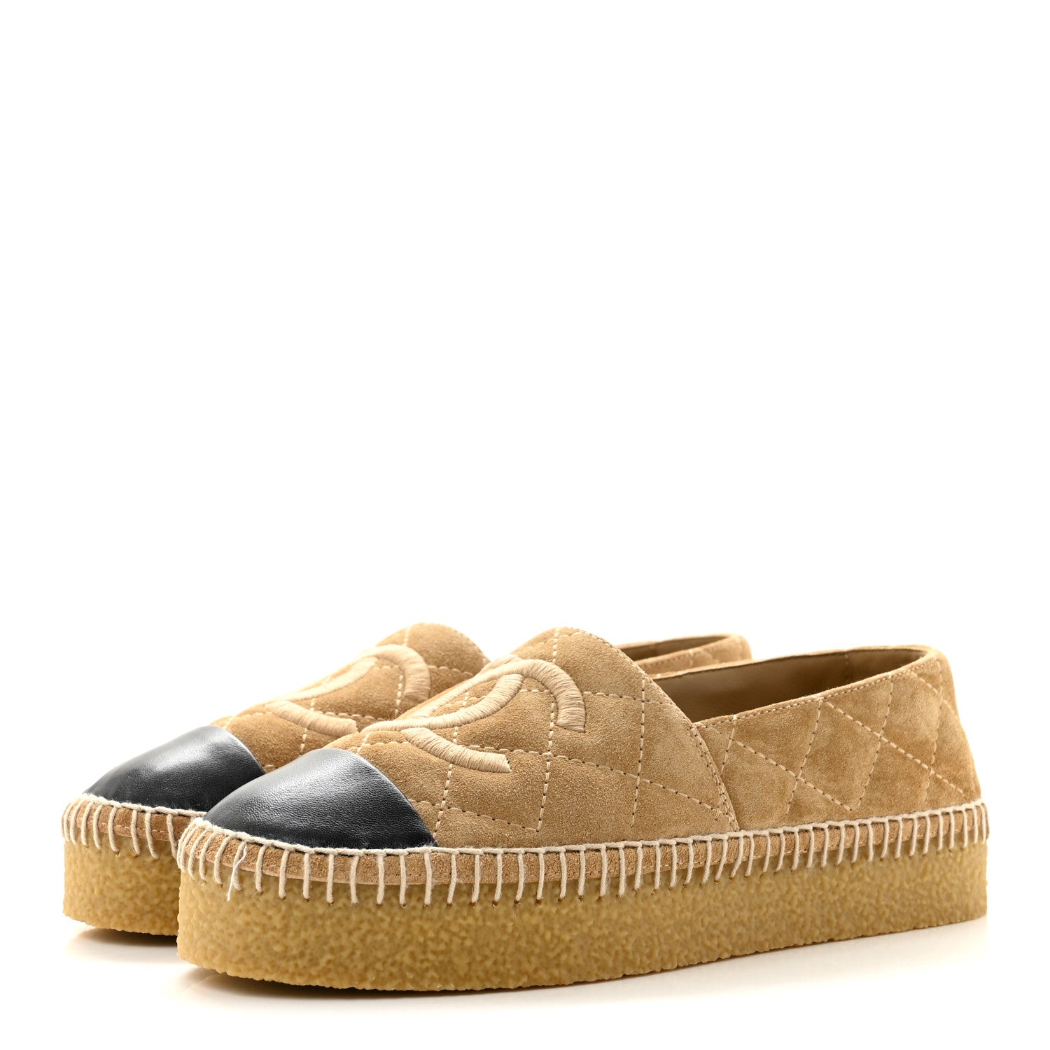 Chanel Suede Quilted CC Espadrilles 37 Beige Black 4 of 9