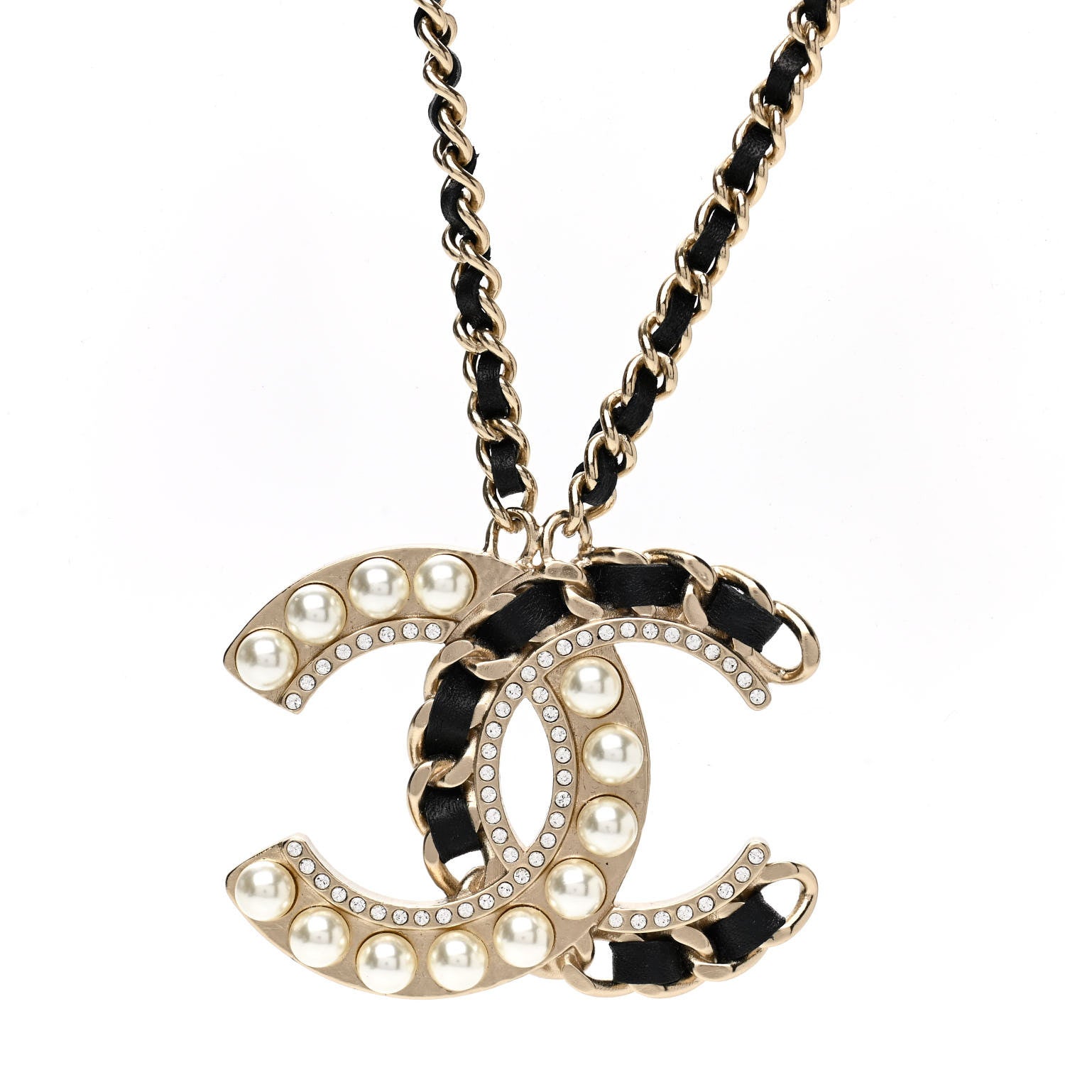 Chanel Pearl Crystal Lambskin Chain CC Necklace Black Gold 4 of 5