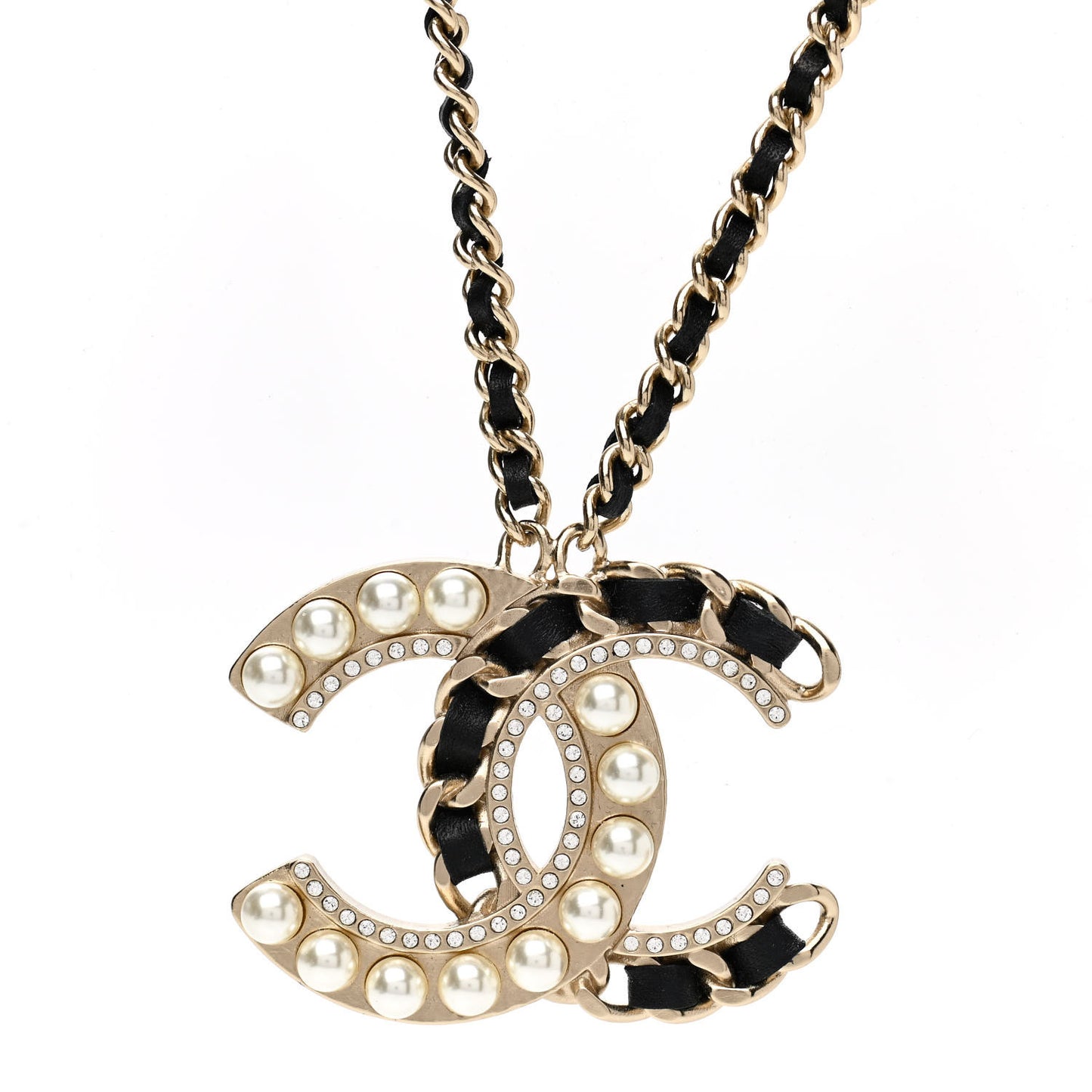 Pearl Crystal Lambskin Chain CC Short Necklace Black Gold