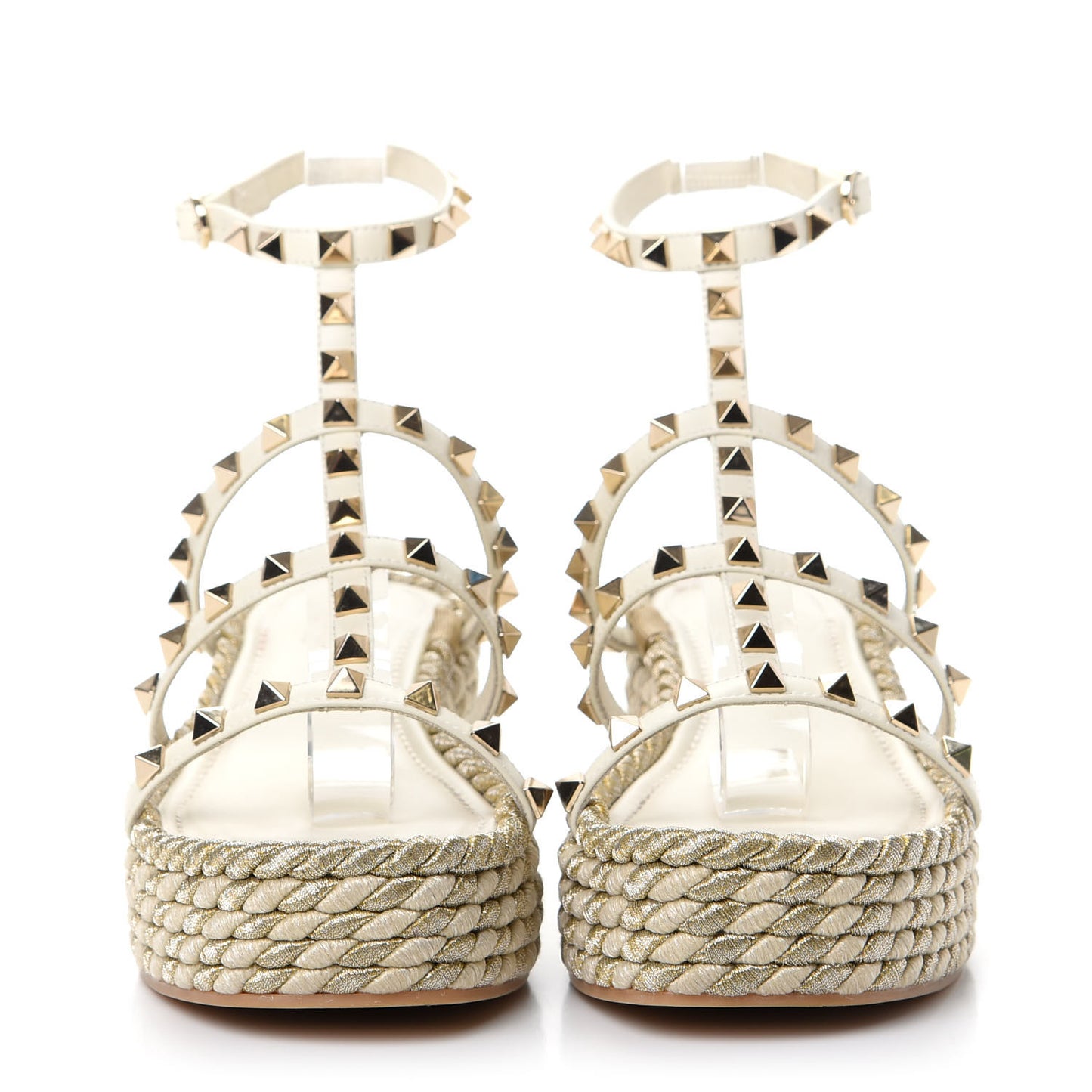 Calfskin Rockstud Ankle Strap Torchon Espadrille Caged 30/55mm Sandals 38 Light Ivory