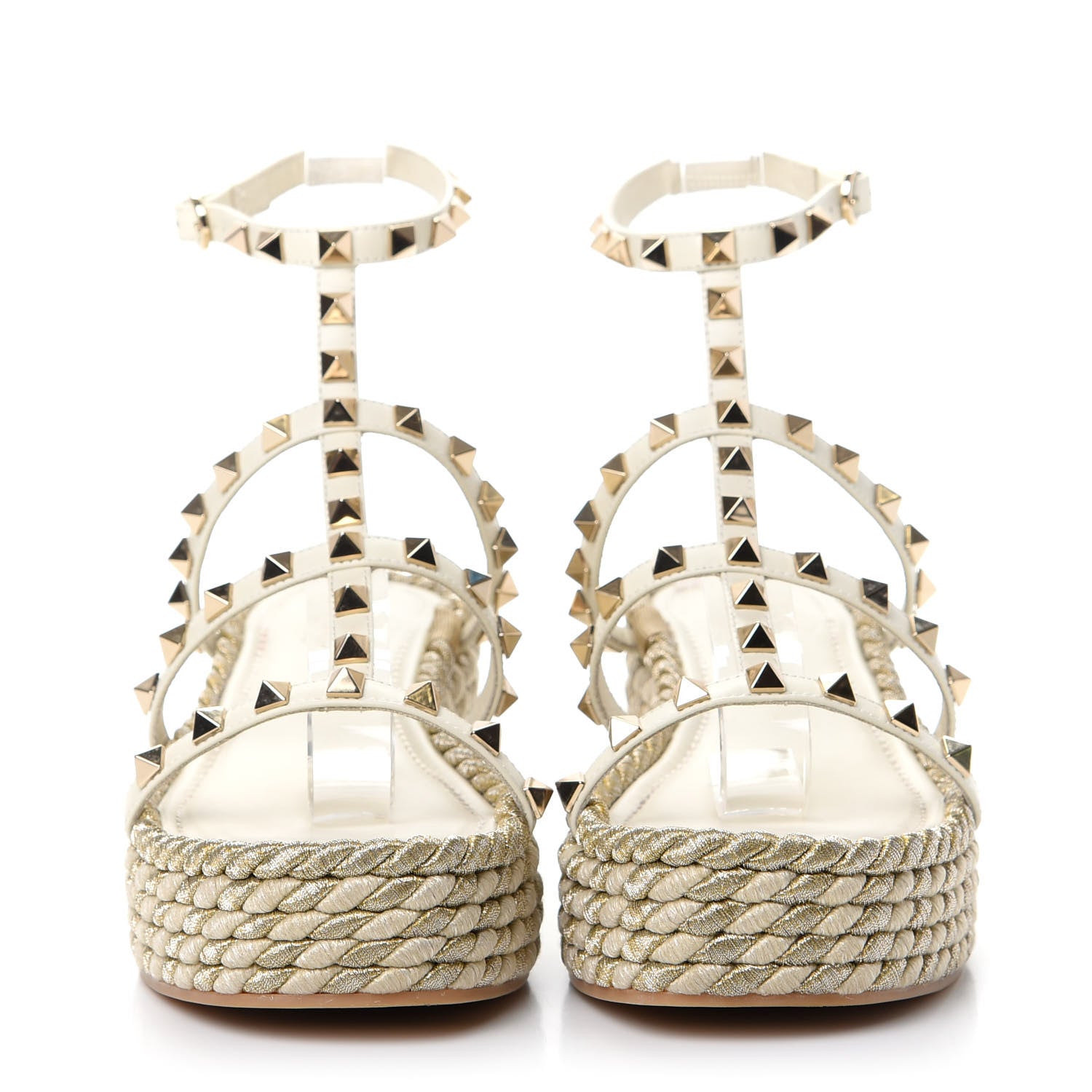 Valentino Garavani Calfskin Rockstud Ankle Strap Torchon Espadrille Caged 30/55mm Sandals 38 Light Ivory 2 of 11