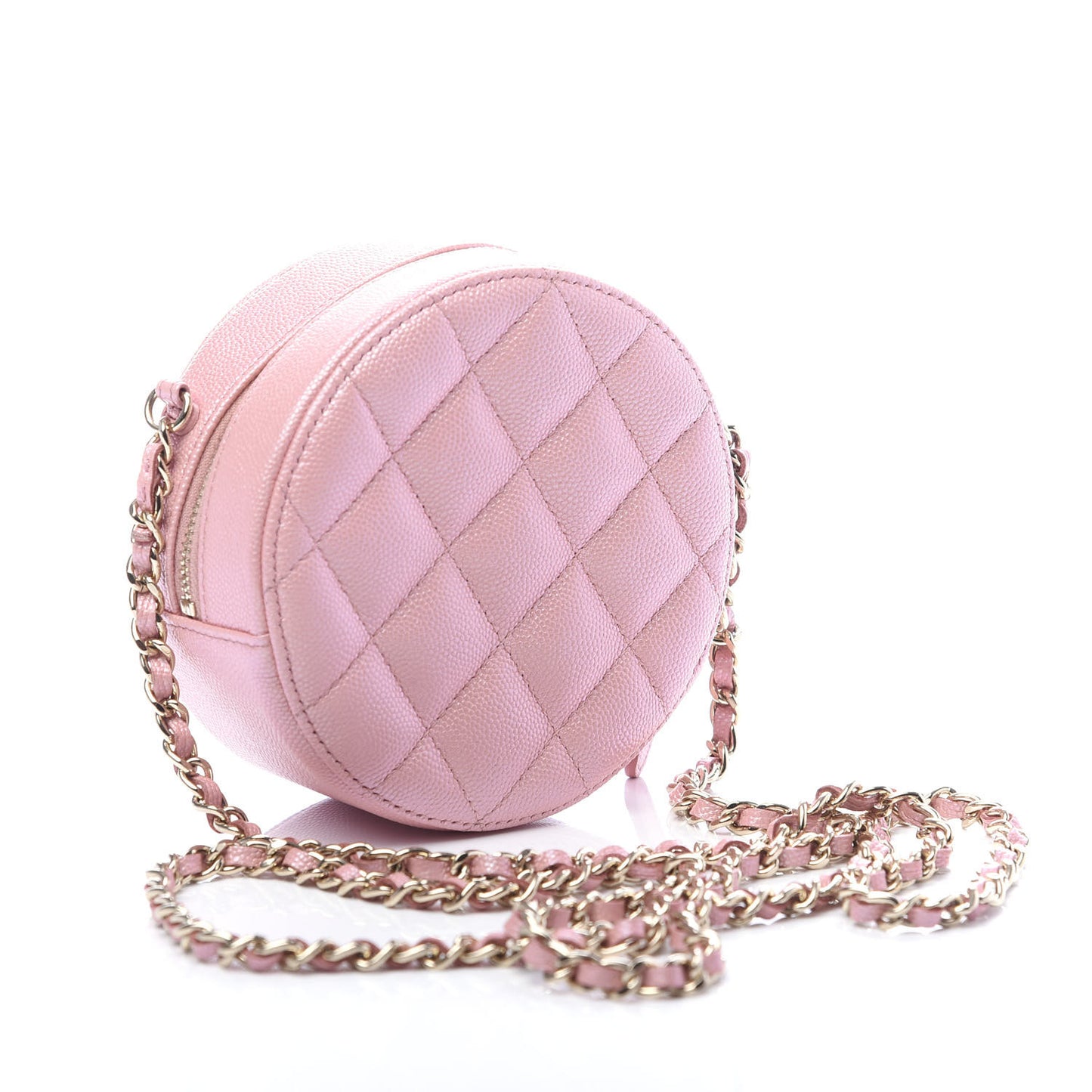 Iridescent Caviar Resin Quilted Round Clutch With Chain Pink