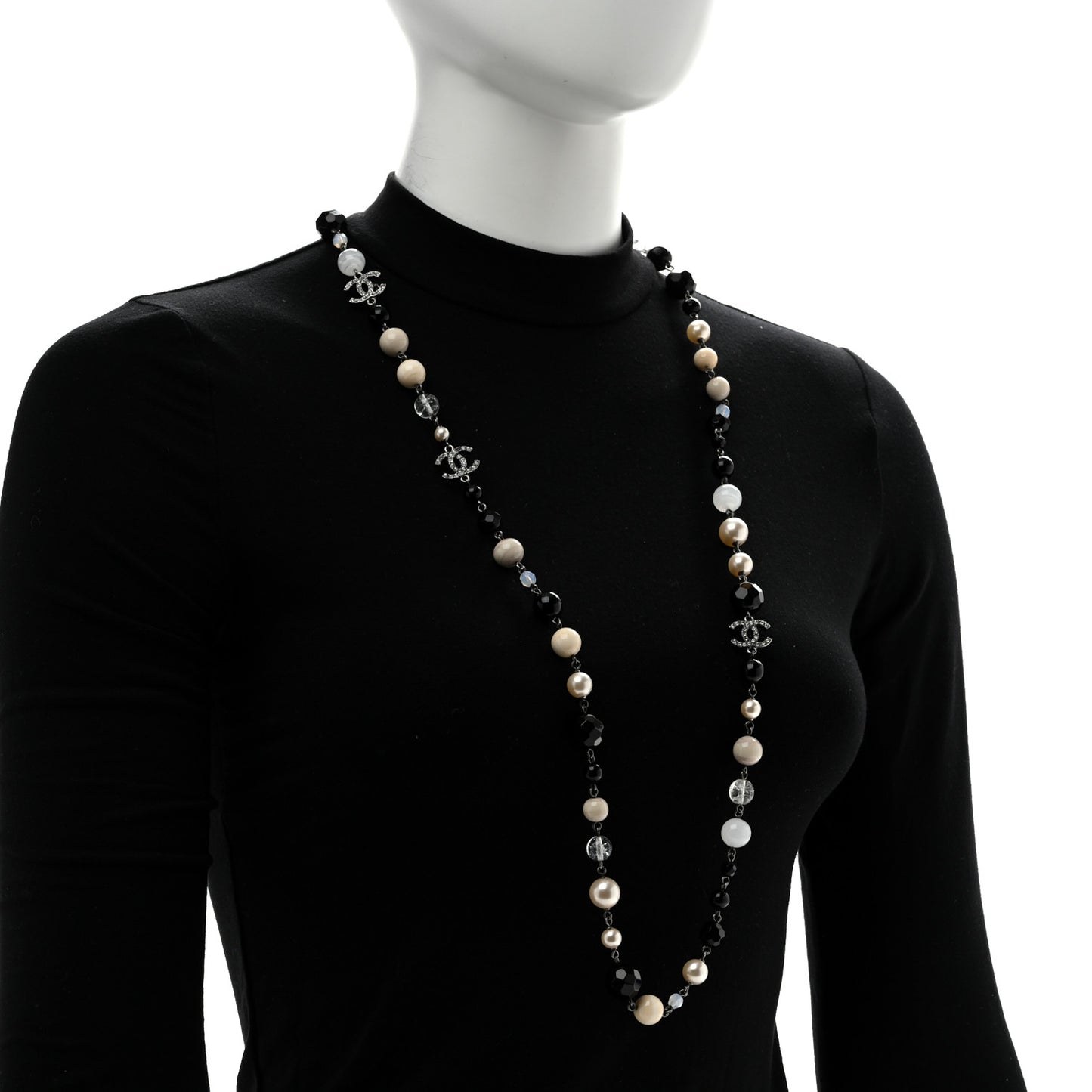 Pearl Crystal Bead CC Long Necklace Black Silver