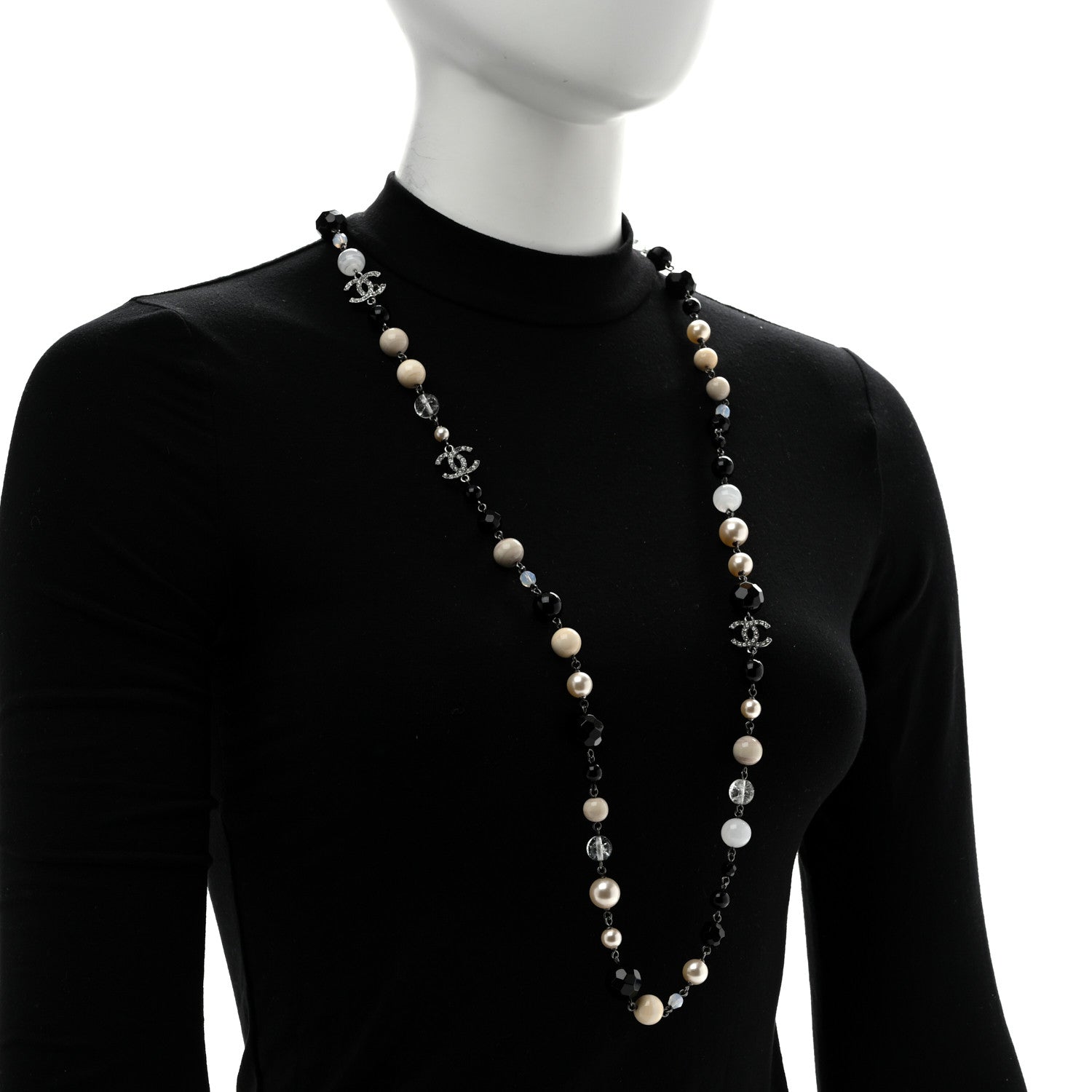Chanel Pearl Crystal Bead CC Long Necklace Black Silver 2 of 6