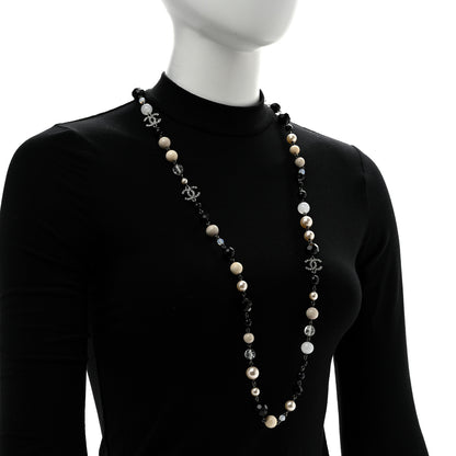 Chanel Pearl Crystal Bead CC Long Necklace Black Silver 2 of 6