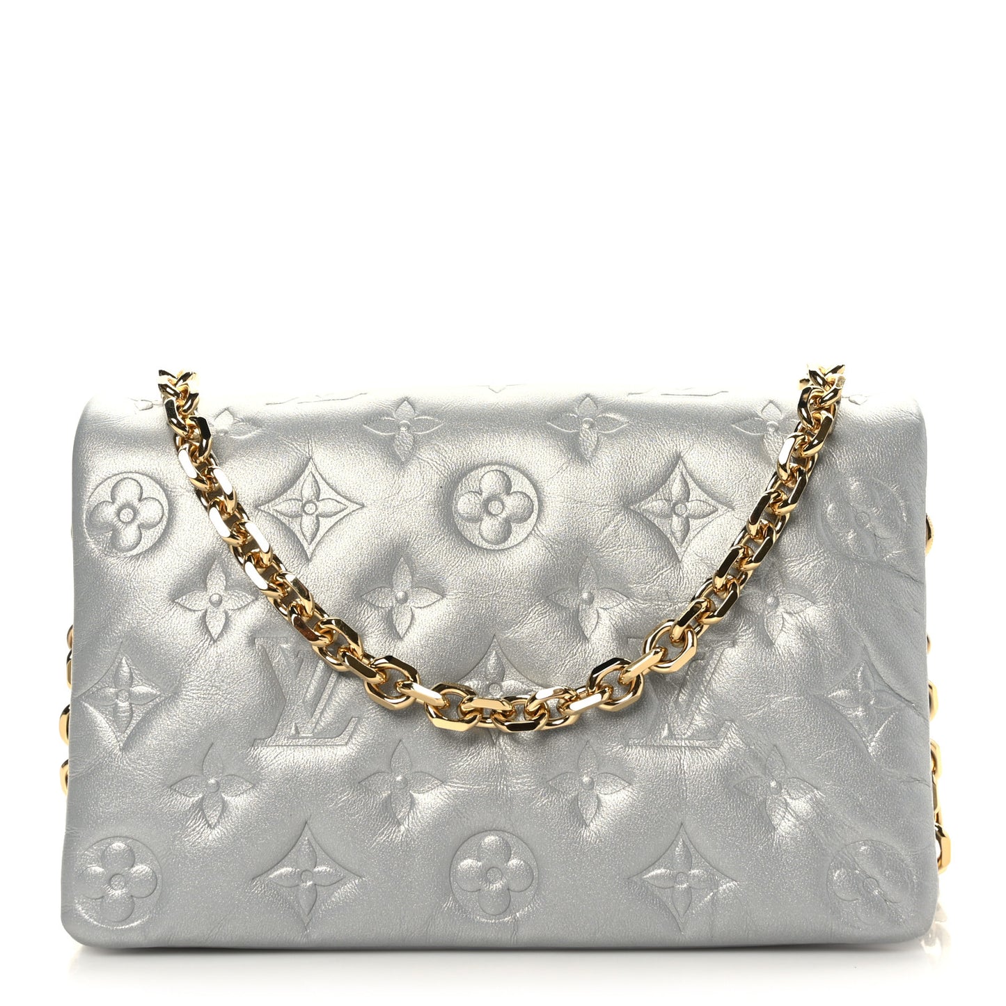 Metallic Lambskin Embossed Monogram Pochette Coussin Silver