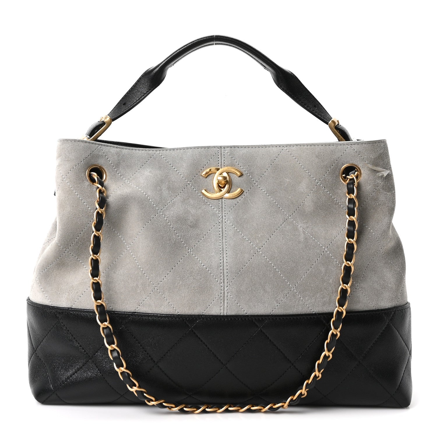 Chanel Suede Calfskin Shiny Lambskin Quilted Small Coco Base Shopping Bag Grey Black 2 of 21