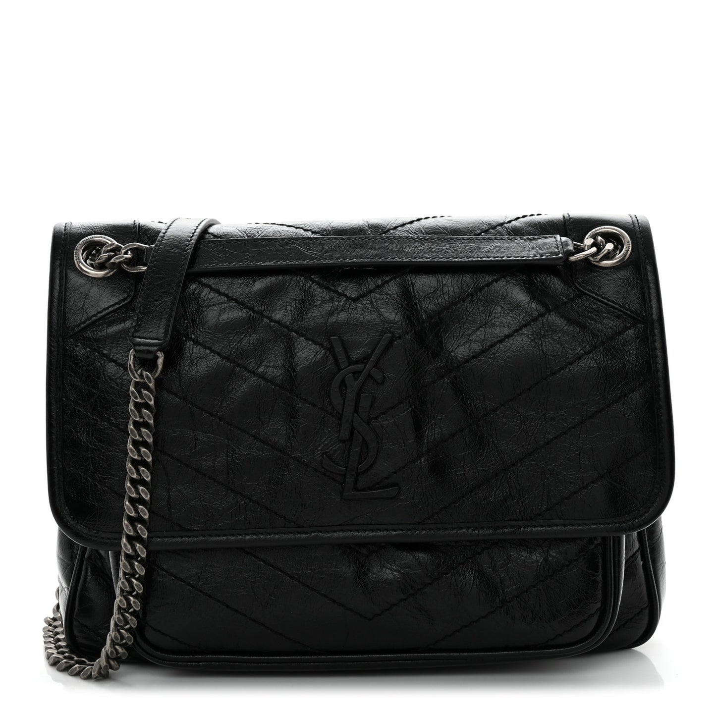 Crinkled Calfskin Matelasse Monogram Medium Niki Chain Satchel Black