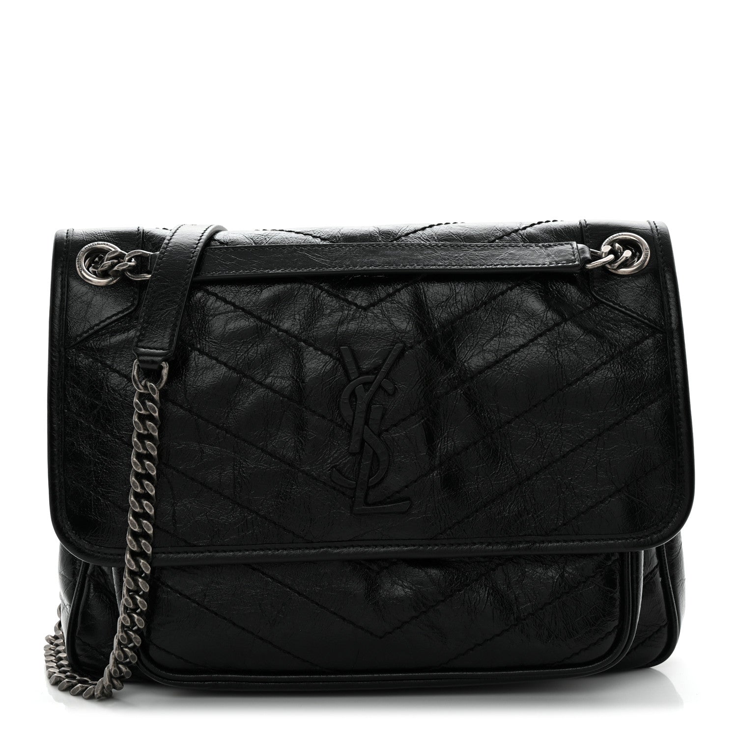 Saint Laurent Crinkled Calfskin Matelasse Monogram Medium Niki Chain Satchel Black 1 of 10