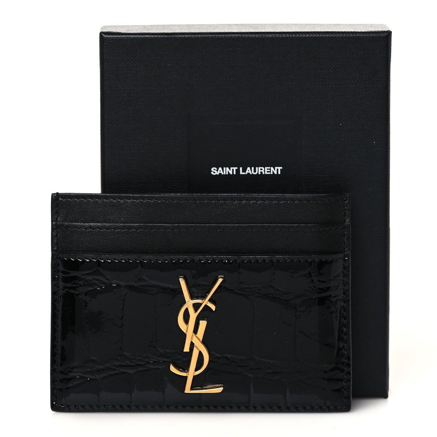 Calfskin Crocodile Embossed Monogram Patent Cassandre Credit Card Case Black