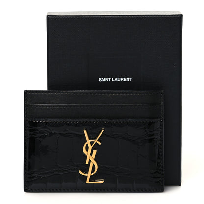 Saint Laurent Calfskin Crocodile Embossed Monogram Patent Cassandre Credit Card Case Black 9 of 9