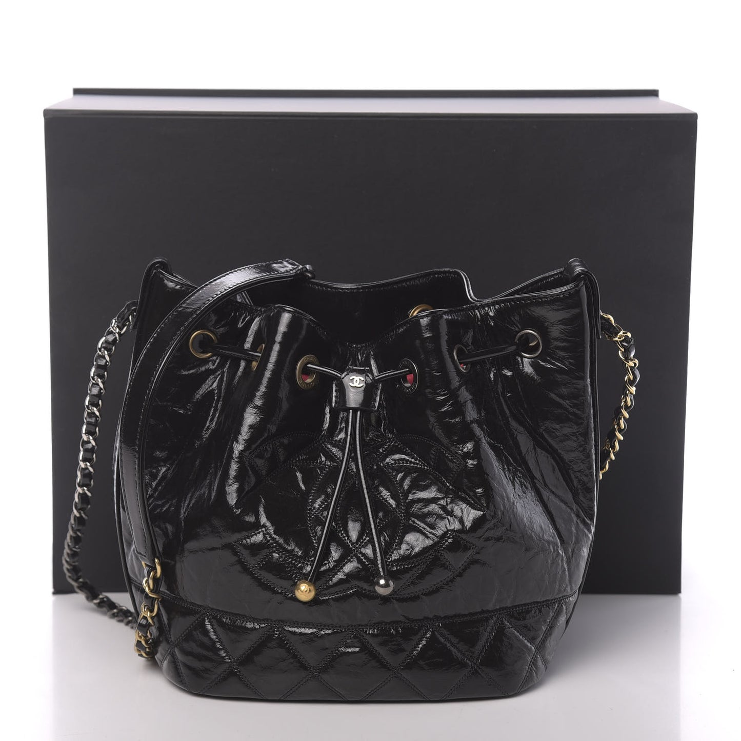 Shiny Aged Calfskin CC Chain Drawstring Bag Black