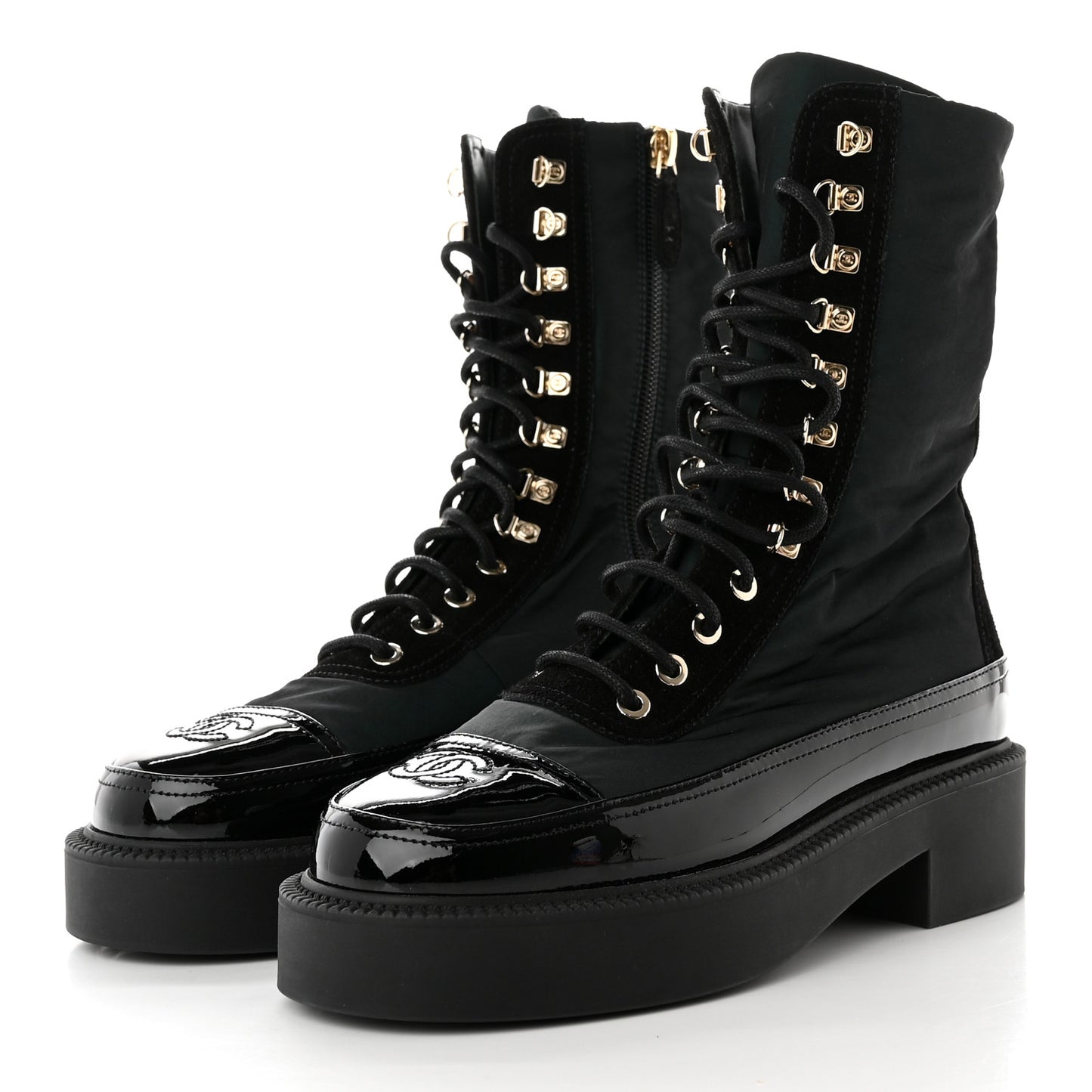 Nylon Suede Patent Calfskin Womens CC Lace Up Boots 36.5 Dark Green Black