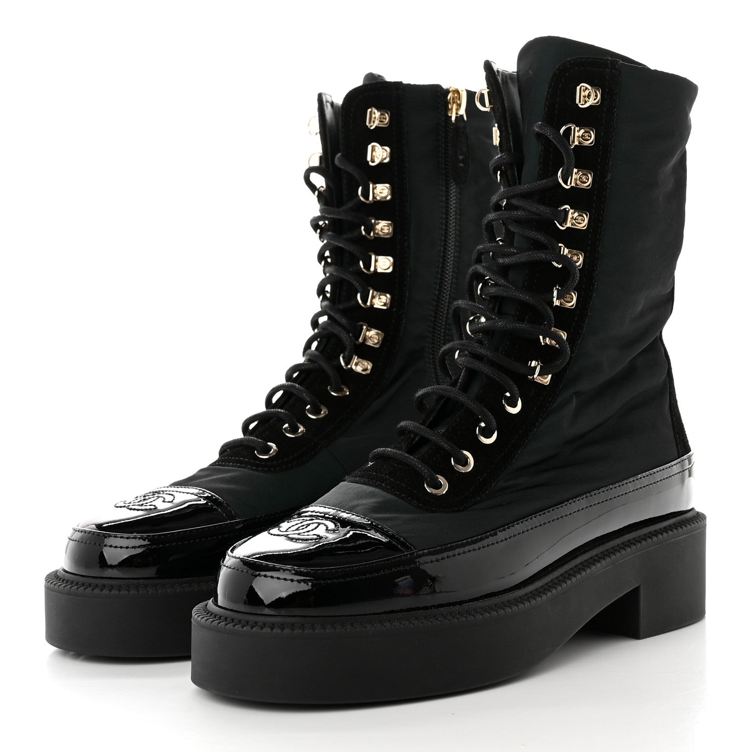 Chanel Nylon Suede Patent Calfskin Womens CC Lace Up Boots 36.5 Dark Green Black 3 of 11