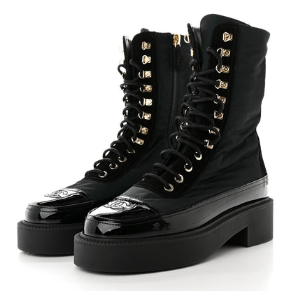 Chanel Nylon Suede Patent Calfskin Womens CC Lace Up Boots 36.5 Dark Green Black 3 of 11