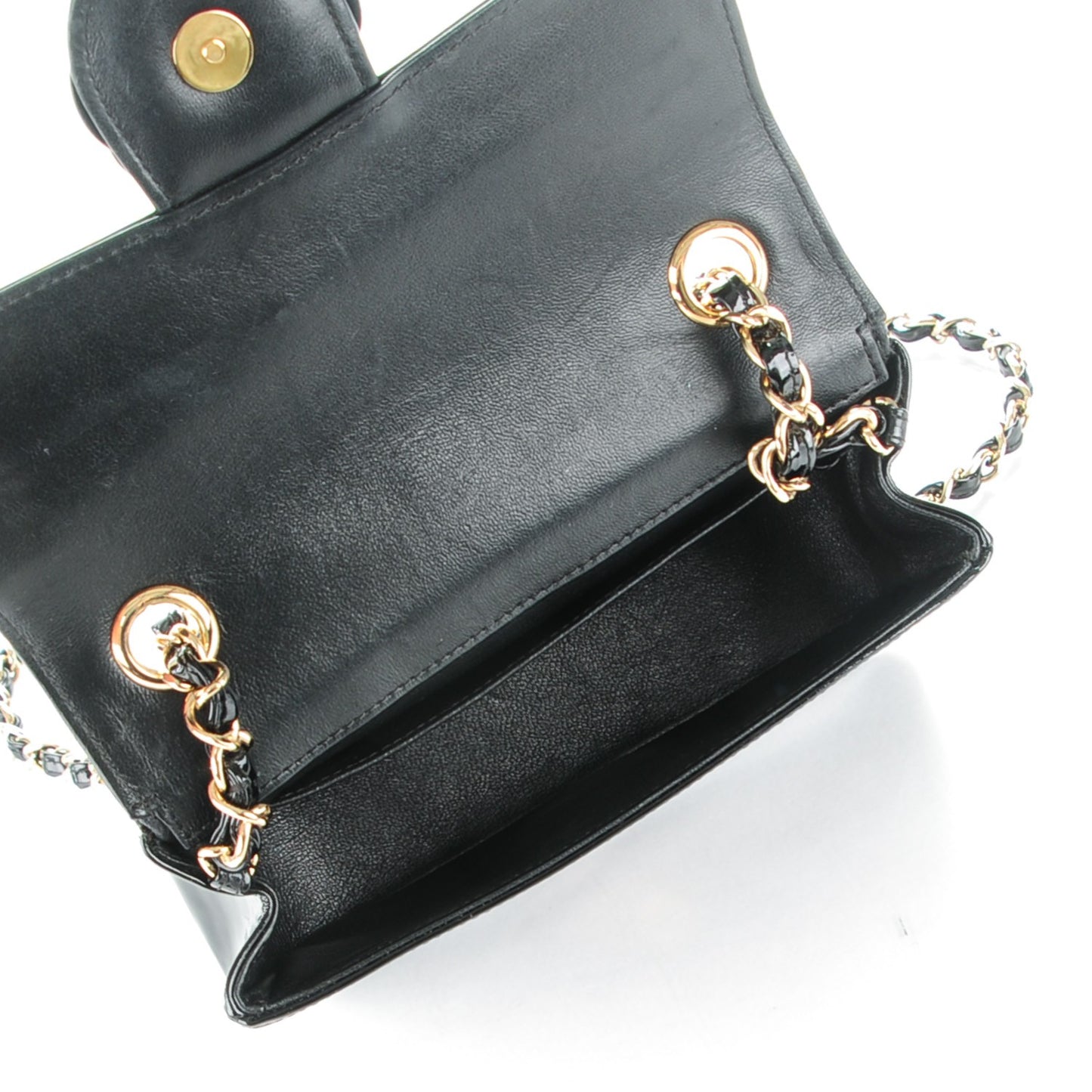 Patent Calfskin Camellia Mini Rectangular Flap Black