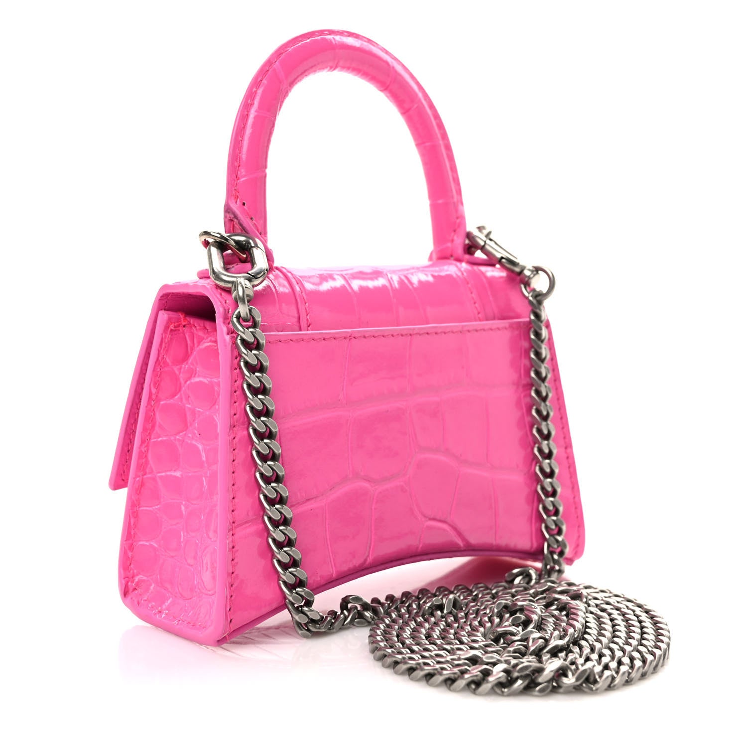 Balenciaga Shiny Calfskin Crocodile Embossed Hourglass Top Handle Bag Mini with Chain Neon Pink 3 of 9